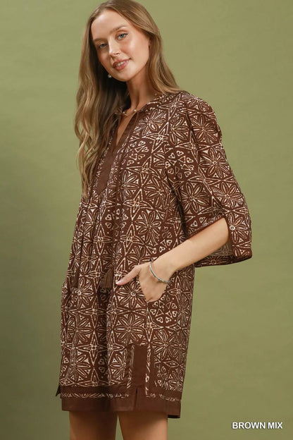 Umgee Mix Geometric Print V-Neck Tassel Detail Tunic Dress - Bitsy Gypsy Boutique