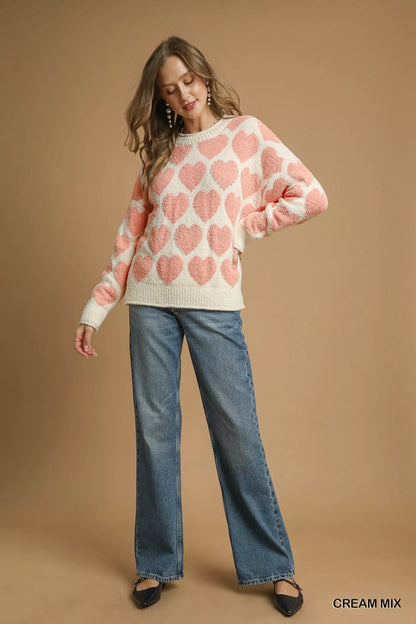 Umgee Mix Heart Pattern Pearl Accent Sweater - Bitsy Gypsy Boutique