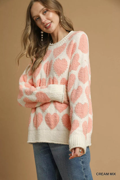Umgee Mix Heart Pattern Pearl Accent Sweater - Bitsy Gypsy Boutique