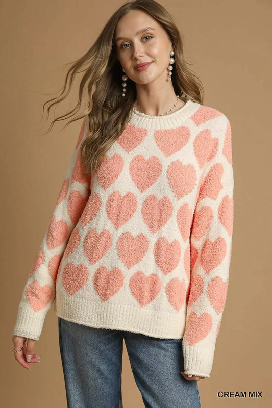 Umgee Mix Heart Pattern Pearl Accent Sweater - Bitsy Gypsy Boutique