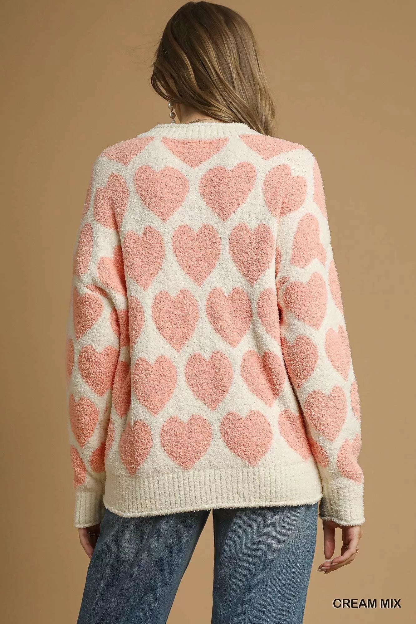 Umgee Mix Heart Pattern Pearl Accent Sweater - Bitsy Gypsy Boutique