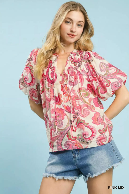 Umgee Mix Paisley Print Peasant Top with Tie Neck - Bitsy Gypsy Boutique