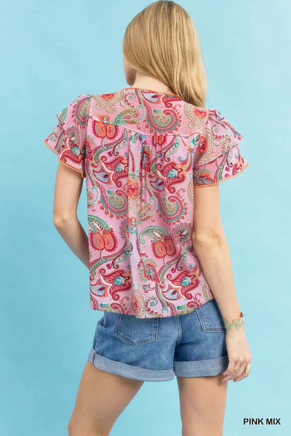 Umgee Mix Paisley Ruffle Sleeve Top - Bitsy Gypsy Boutique
