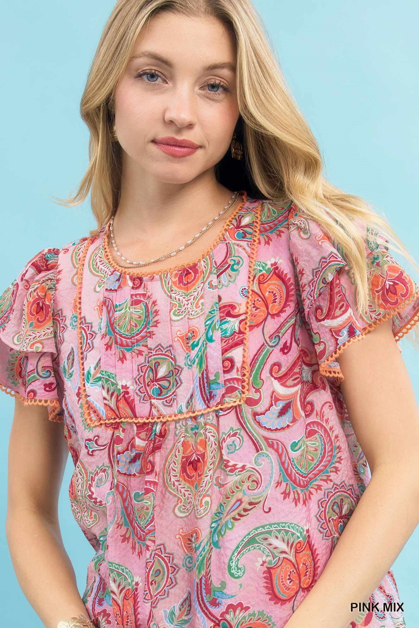 Umgee Mix Paisley Ruffle Sleeve Top - Bitsy Gypsy Boutique