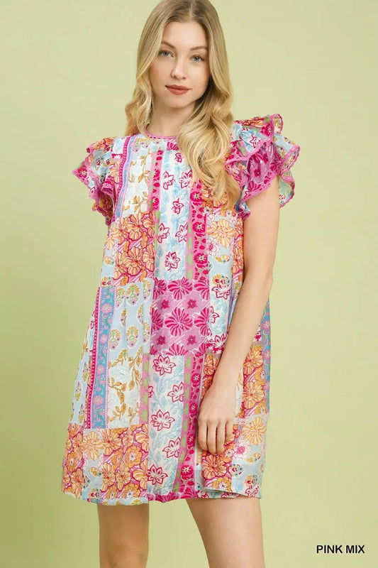 Umgee Mix Patchwork Flutter Sleeve Mini Dress - Bitsy Gypsy Boutique