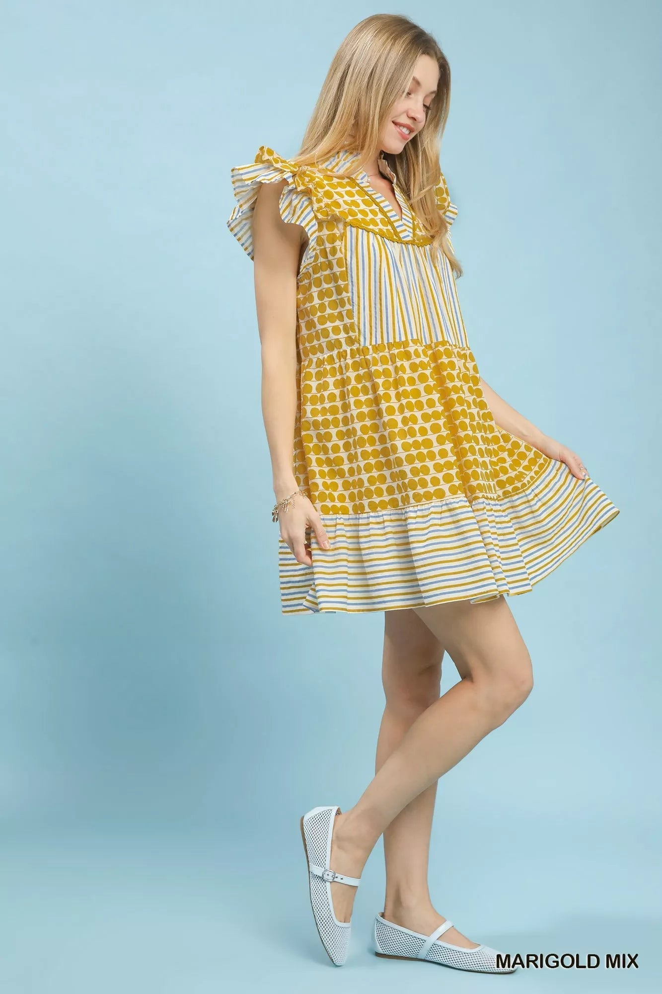 Umgee Mix Patchwork Flutter Sleeve Tiered Dress - Bitsy Gypsy Boutique