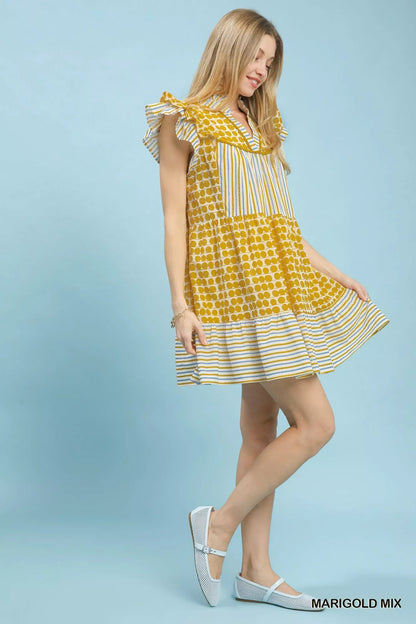 Umgee Mix Patchwork Flutter Sleeve Tiered Dress - Bitsy Gypsy Boutique