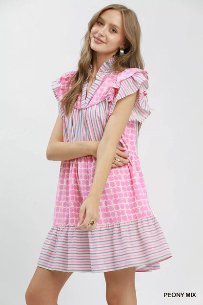 Umgee Mix Patchwork Flutter Sleeve Tiered Dress - Bitsy Gypsy Boutique
