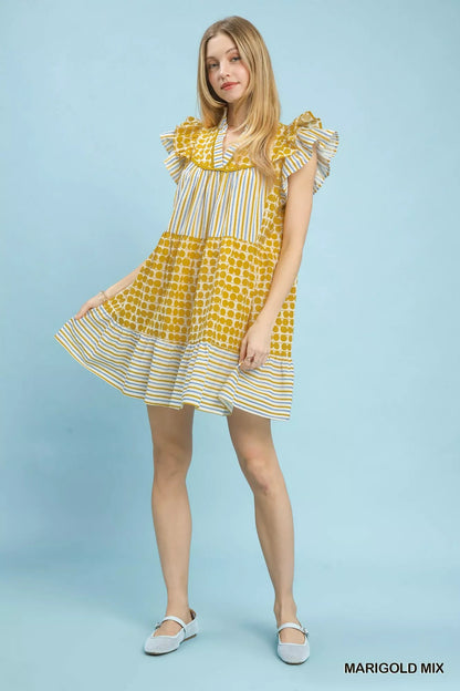 Umgee Mix Patchwork Flutter Sleeve Tiered Dress - Bitsy Gypsy Boutique