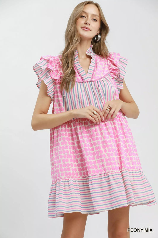 Umgee Mix Patchwork Flutter Sleeve Tiered Dress - Bitsy Gypsy Boutique