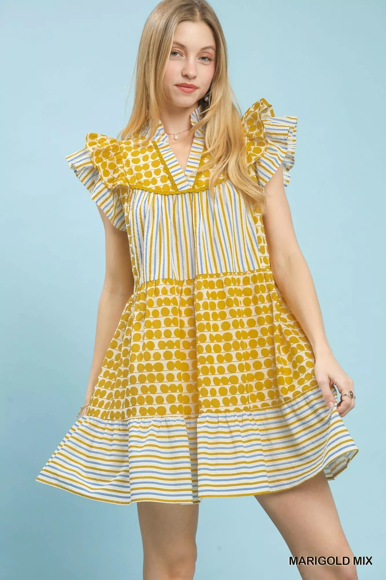 Umgee Mix Patchwork Flutter Sleeve Tiered Dress - Bitsy Gypsy Boutique
