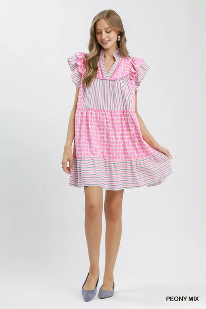 Umgee Mix Patchwork Flutter Sleeve Tiered Dress - Bitsy Gypsy Boutique