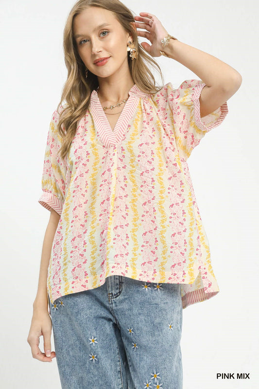 Umgee Mix Print Boho Blouse with Contrast Trim - Bitsy Gypsy Boutique