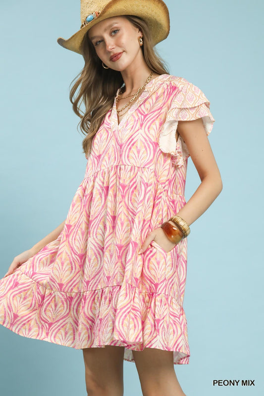 Umgee Mix Printed Flutter Sleeve Dress - Bitsy Gypsy Boutique