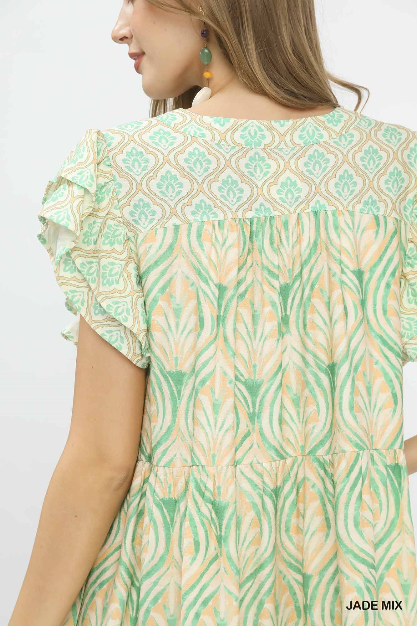 Umgee Mix Printed Flutter Sleeve Dress - Bitsy Gypsy Boutique