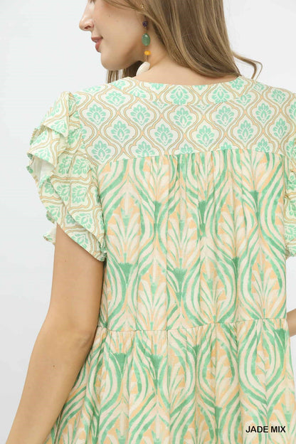Umgee Mix Printed Flutter Sleeve Dress - Bitsy Gypsy Boutique