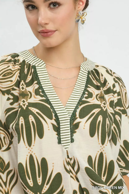 Umgee Mix Printed Puff Sleeve Top with Contrast Trim - Bitsy Gypsy Boutique
