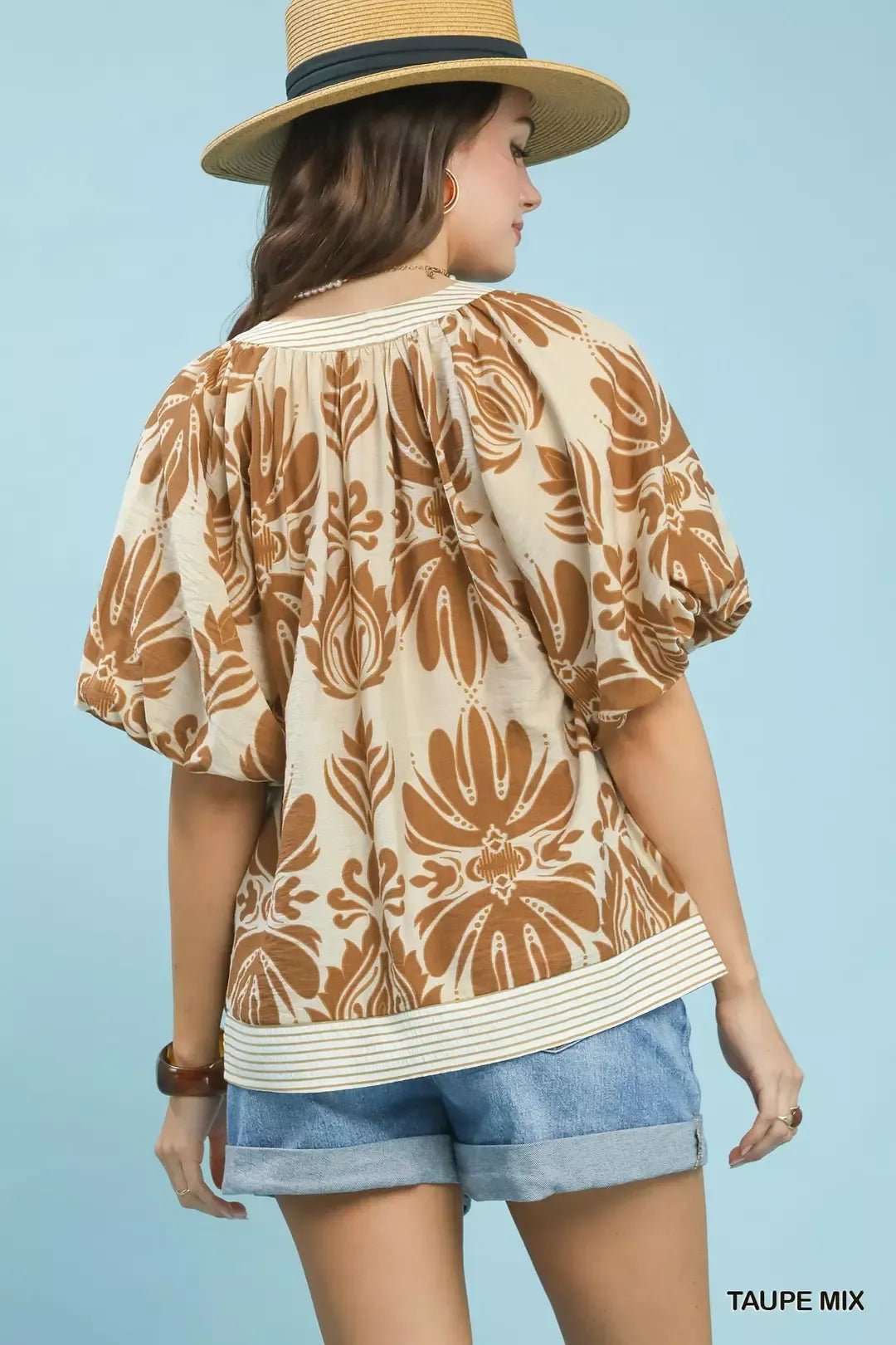 Umgee Mix Printed Puff Sleeve Top with Contrast Trim - Bitsy Gypsy Boutique