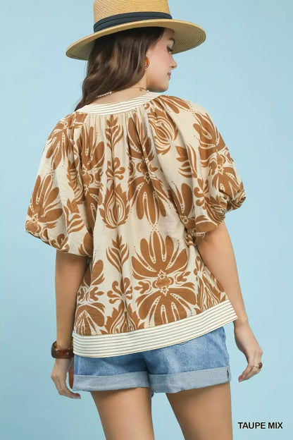 Umgee Mix Printed Puff Sleeve Top with Contrast Trim - Bitsy Gypsy Boutique