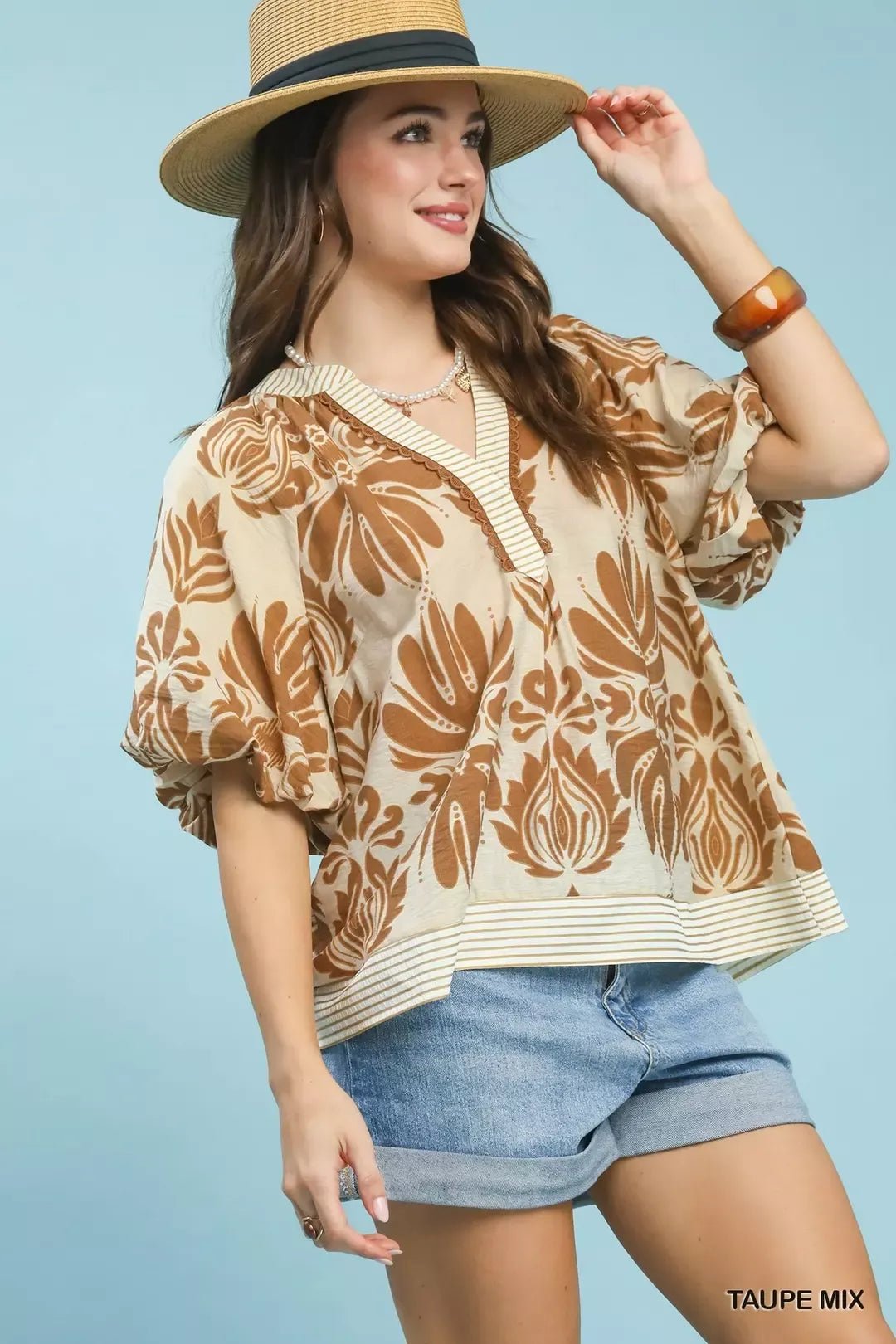 Umgee Mix Printed Puff Sleeve Top with Contrast Trim - Bitsy Gypsy Boutique