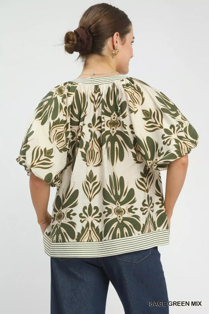 Umgee Mix Printed Puff Sleeve Top with Contrast Trim - Bitsy Gypsy Boutique