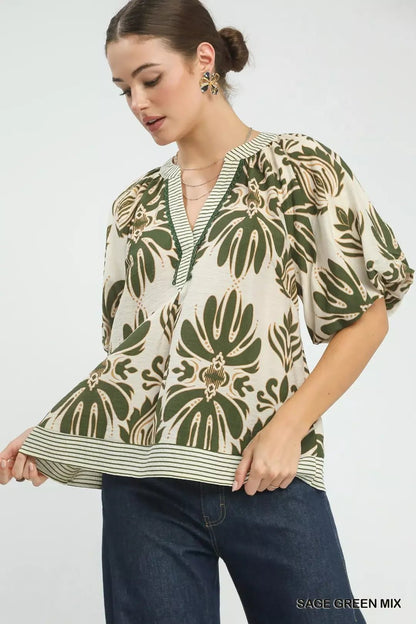 Umgee Mix Printed Puff Sleeve Top with Contrast Trim - Bitsy Gypsy Boutique