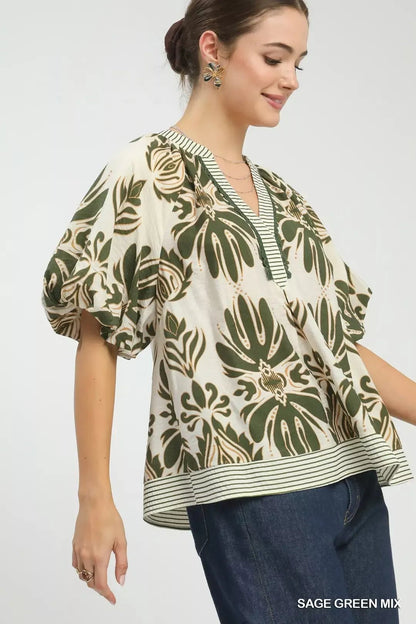 Umgee Mix Printed Puff Sleeve Top with Contrast Trim - Bitsy Gypsy Boutique