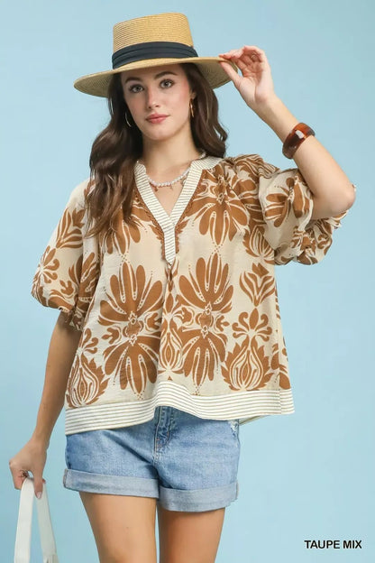 Umgee Mix Printed Puff Sleeve Top with Contrast Trim - Bitsy Gypsy Boutique