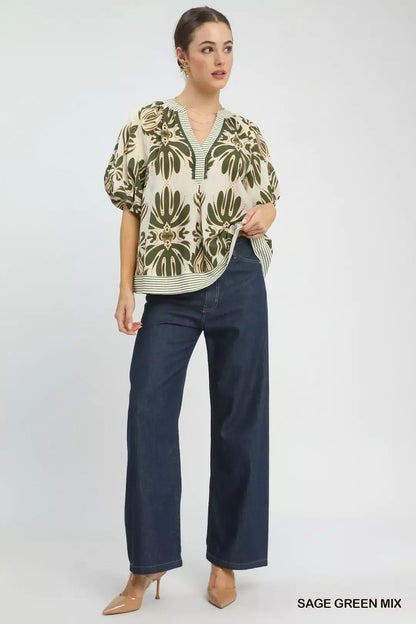 Umgee Mix Printed Puff Sleeve Top with Contrast Trim - Bitsy Gypsy Boutique