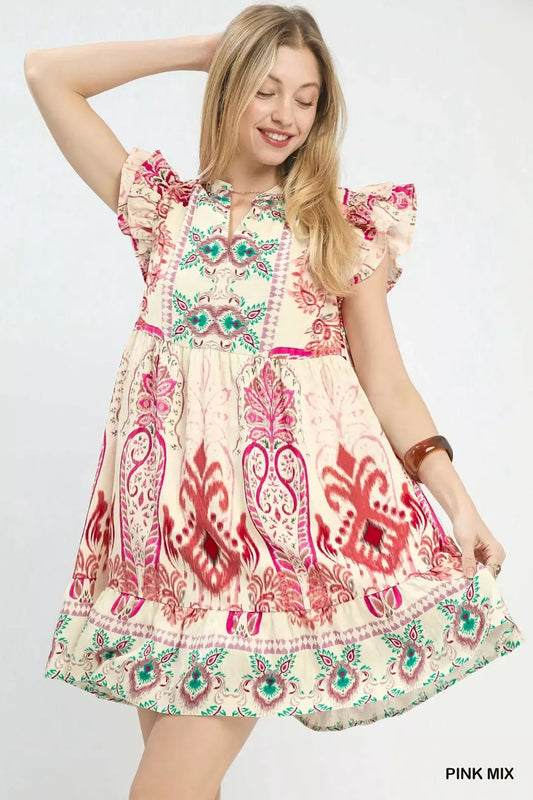 Umgee Mix Ruffle Sleeve Boho Print Dress - Bitsy Gypsy Boutique
