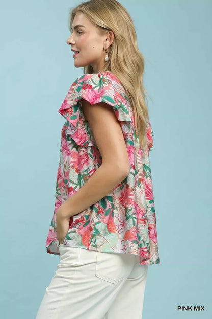 Umgee Mix Tropical Print Blouse with Ruffle Cap Sleeves - Bitsy Gypsy Boutique