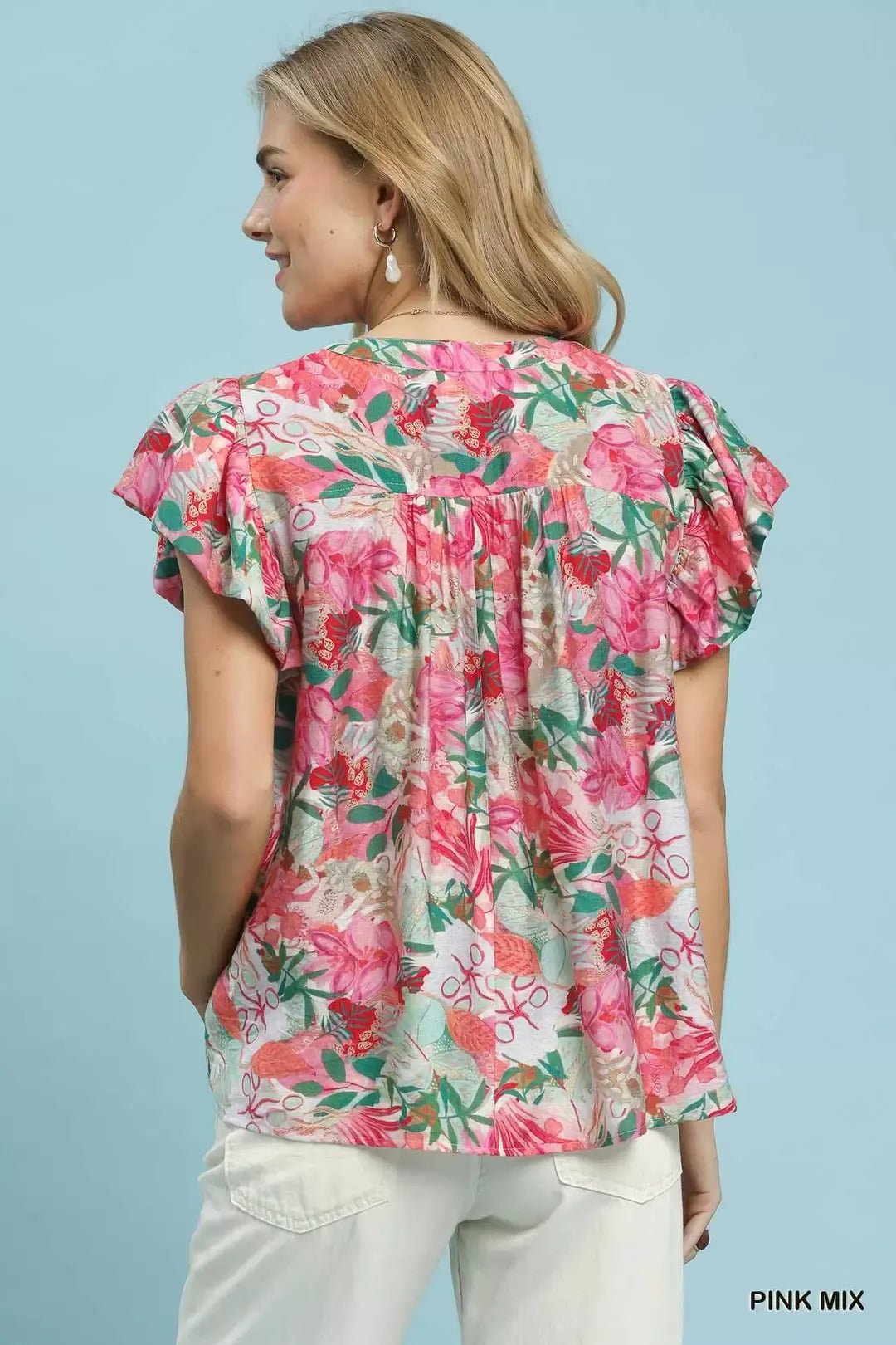 Umgee Mix Tropical Print Blouse with Ruffle Cap Sleeves - Bitsy Gypsy Boutique
