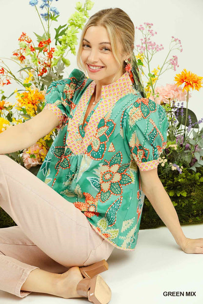 Umgee Mixed Abstract Print Puff Sleeve Blouse - Bitsy Gypsy Boutique