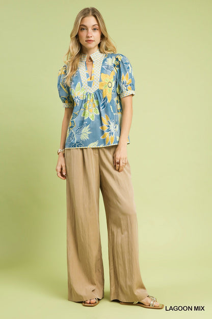 Umgee Mixed Abstract Print Puff Sleeve Blouse - Bitsy Gypsy Boutique