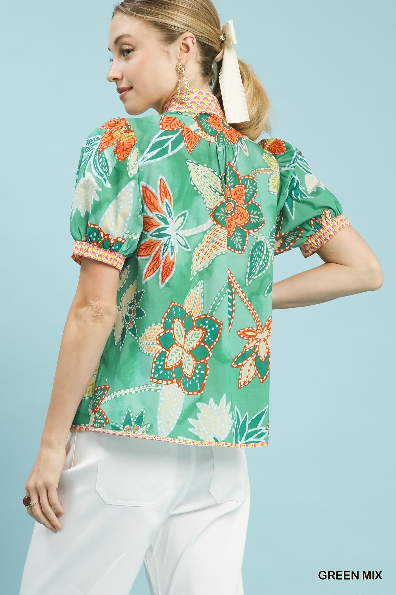 Umgee Mixed Abstract Print Puff Sleeve Blouse - Bitsy Gypsy Boutique