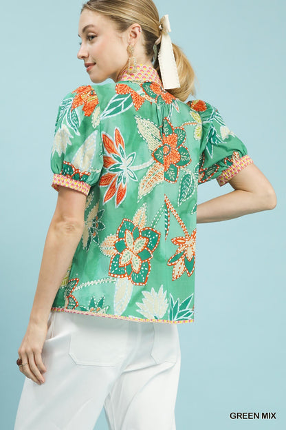 Umgee Mixed Abstract Print Puff Sleeve Blouse - Bitsy Gypsy Boutique
