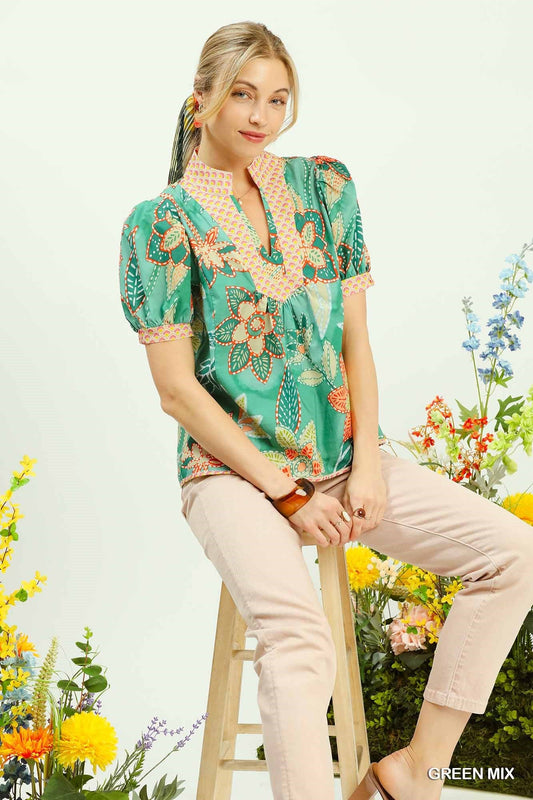 Umgee Mixed Abstract Print Puff Sleeve Blouse - Bitsy Gypsy Boutique