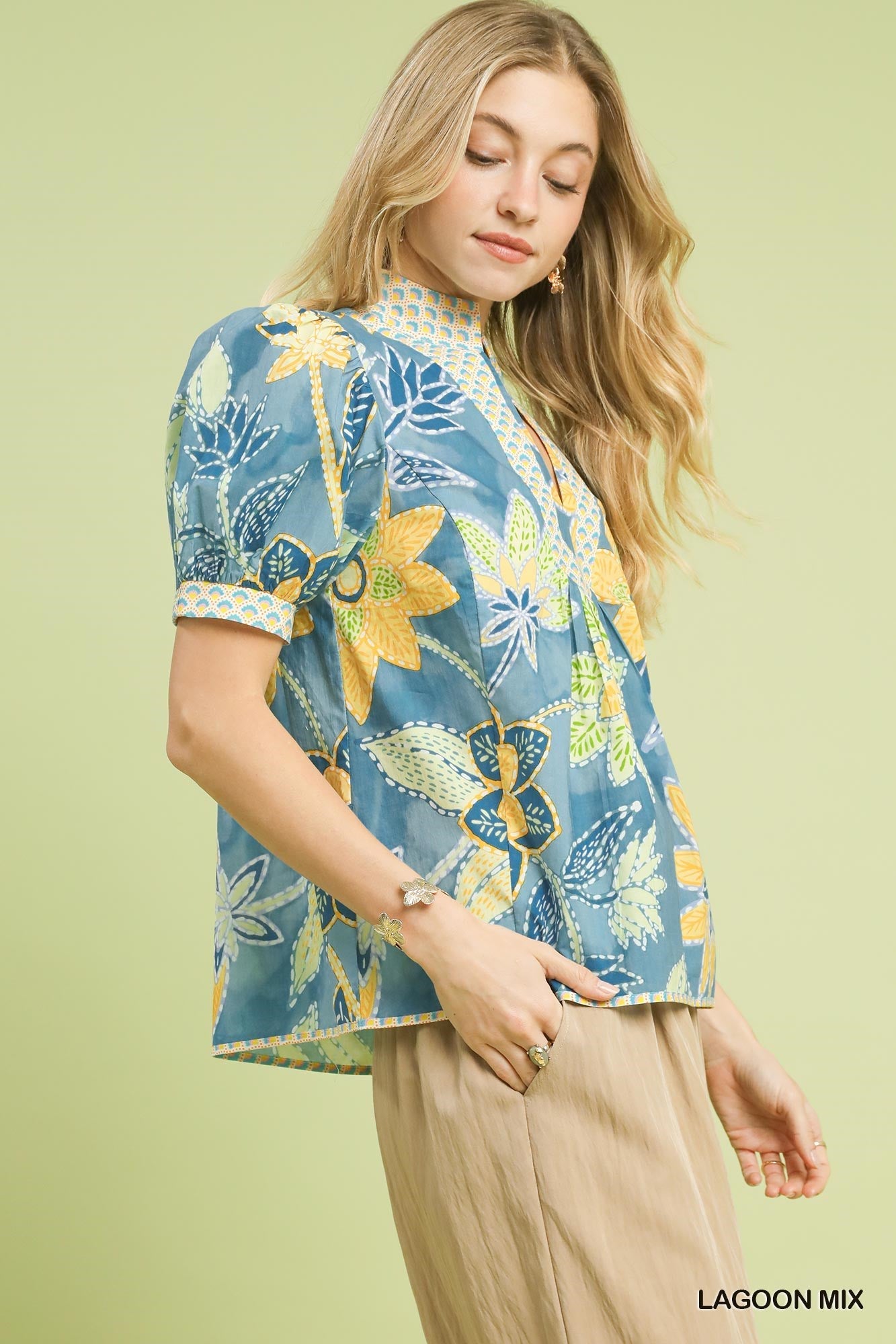 Umgee Mixed Abstract Print Puff Sleeve Blouse - Bitsy Gypsy Boutique