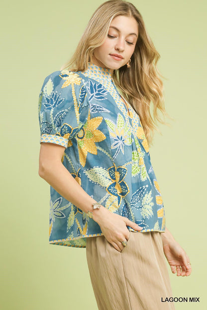 Umgee Mixed Abstract Print Puff Sleeve Blouse - Bitsy Gypsy Boutique