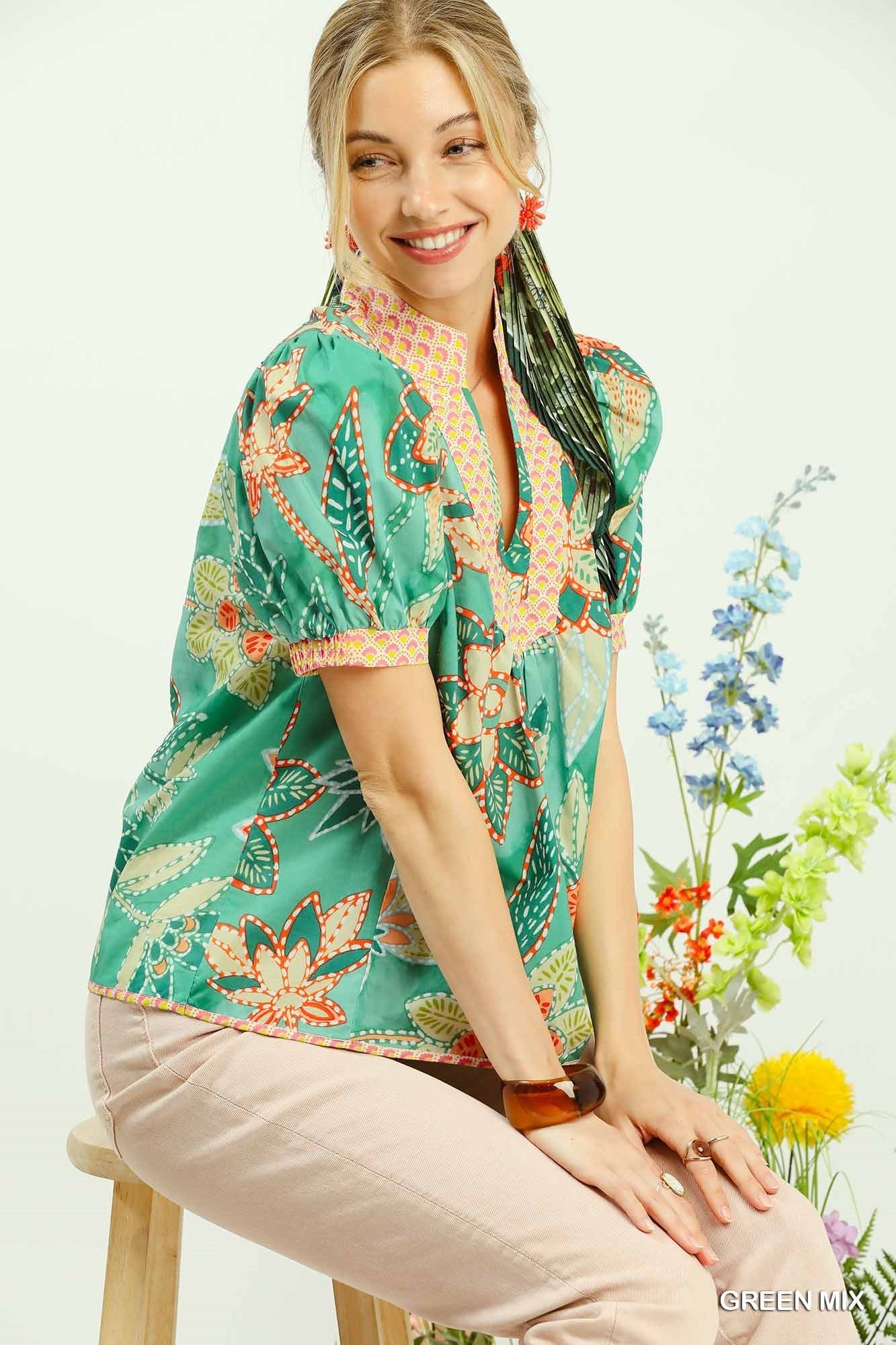 Umgee Mixed Abstract Print Puff Sleeve Blouse - Bitsy Gypsy Boutique
