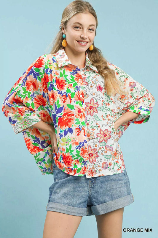 Umgee Mixed Floral Oversized Button Down Shirt - Bitsy Gypsy Boutique