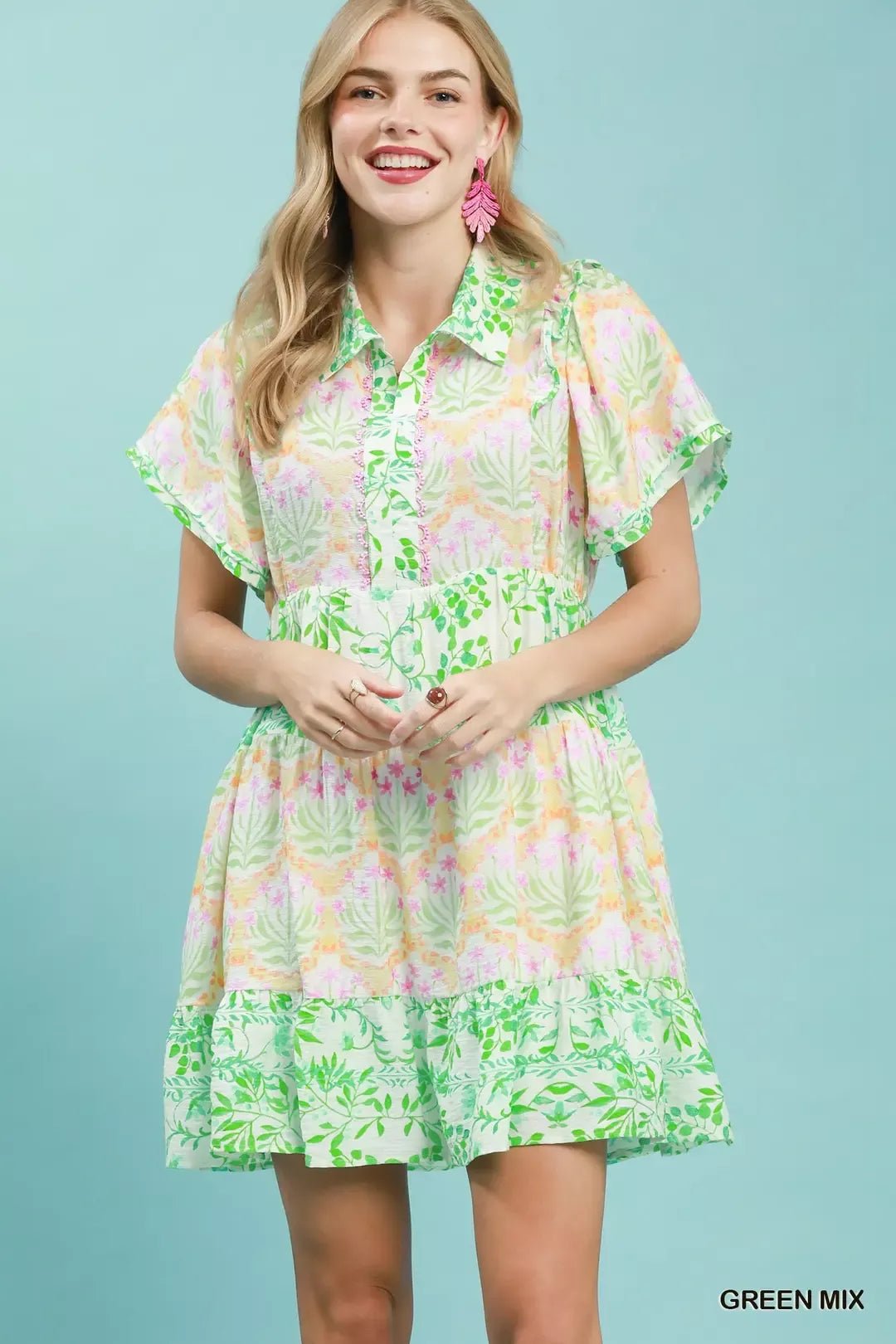 Umgee Mixed Floral Tiered Mini Dress with Flutter Sleeves - Bitsy Gypsy Boutique