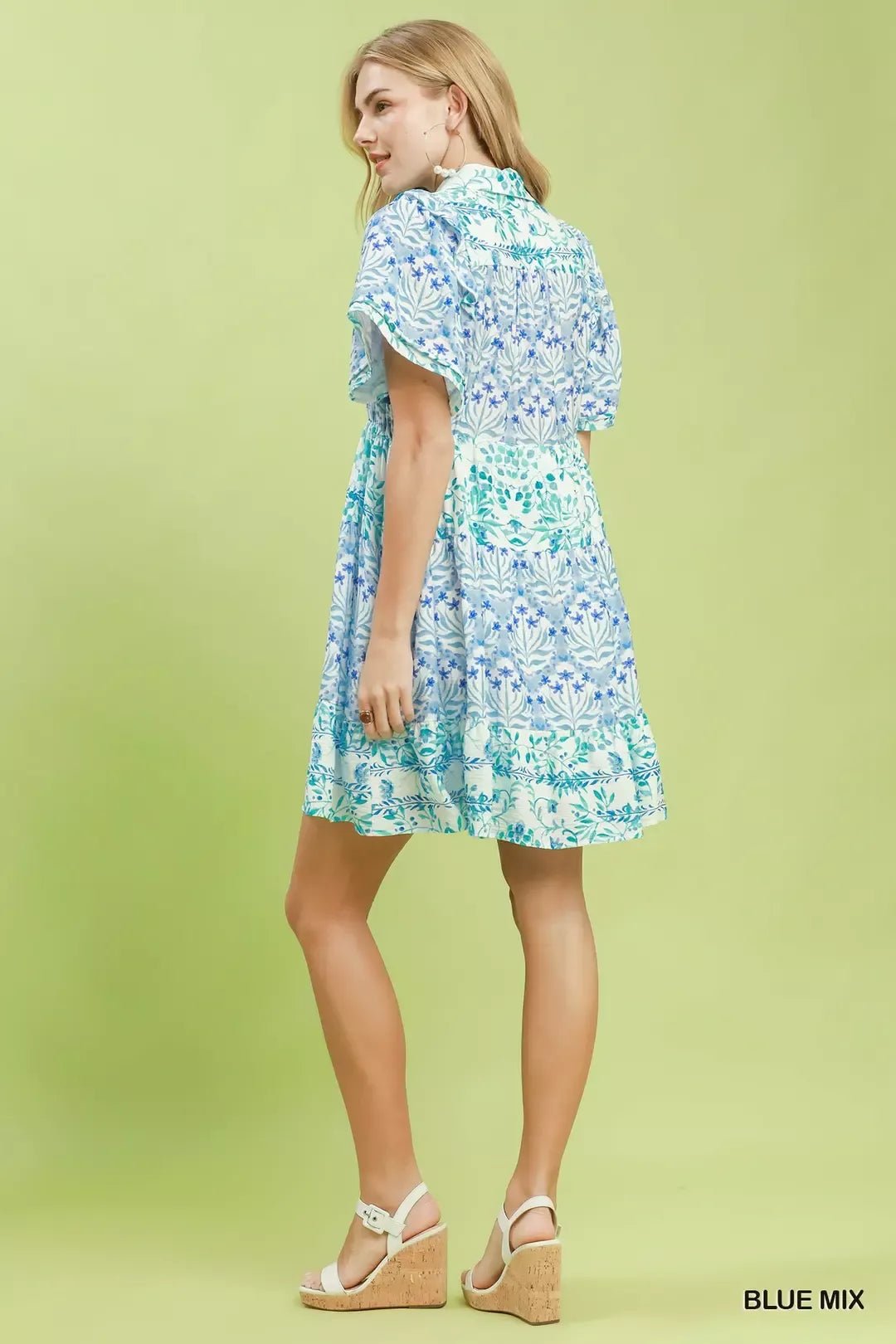 Umgee Mixed Floral Tiered Mini Dress with Flutter Sleeves - Bitsy Gypsy Boutique