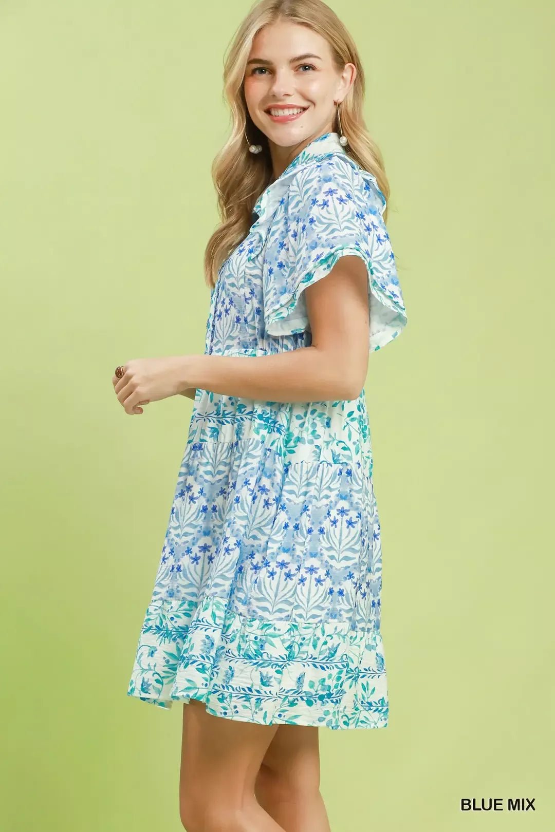 Umgee Mixed Floral Tiered Mini Dress with Flutter Sleeves - Bitsy Gypsy Boutique
