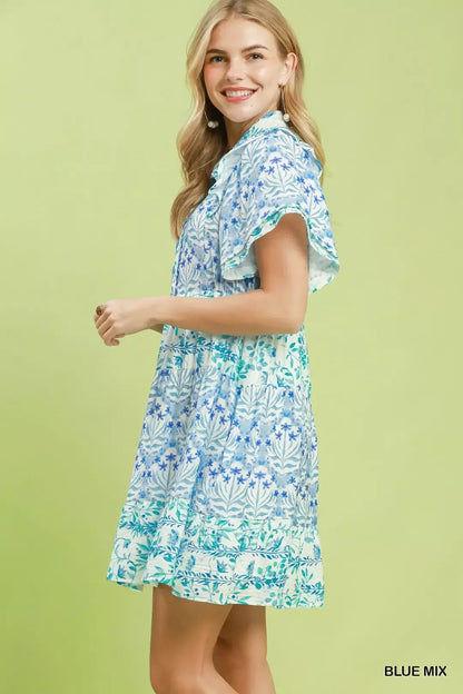 Umgee Mixed Floral Tiered Mini Dress with Flutter Sleeves - Bitsy Gypsy Boutique