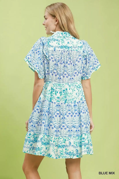 Umgee Mixed Floral Tiered Mini Dress with Flutter Sleeves - Bitsy Gypsy Boutique