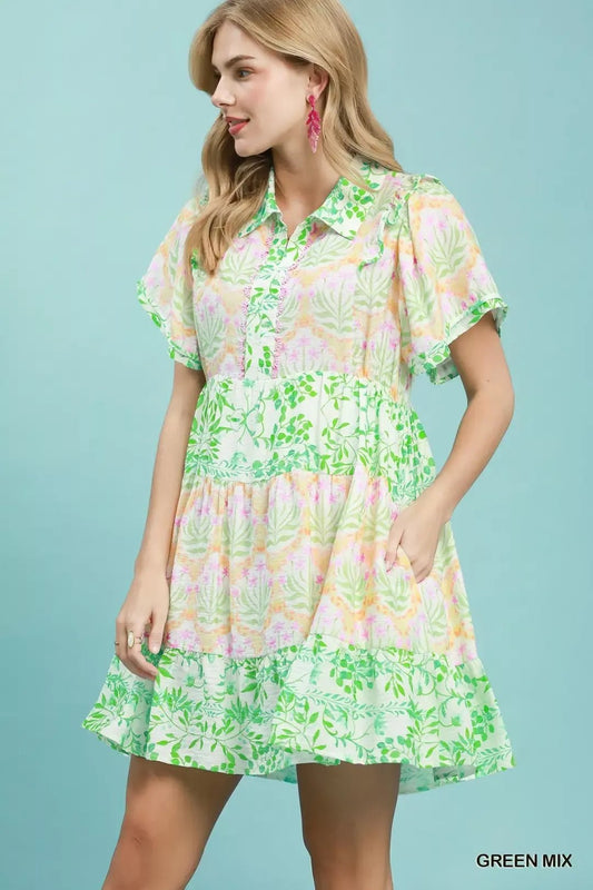 Umgee Mixed Floral Tiered Mini Dress with Flutter Sleeves - Bitsy Gypsy Boutique