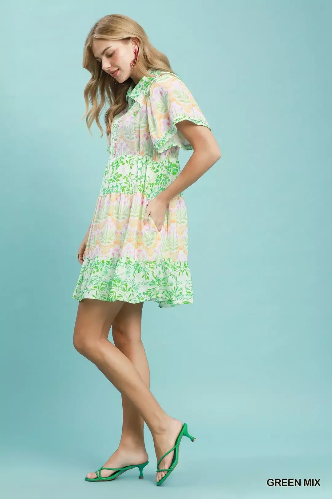 Umgee Mixed Floral Tiered Mini Dress with Flutter Sleeves - Bitsy Gypsy Boutique