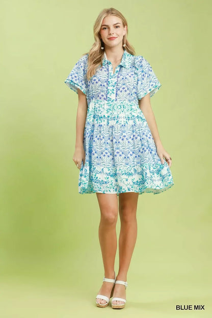 Umgee Mixed Floral Tiered Mini Dress with Flutter Sleeves - Bitsy Gypsy Boutique