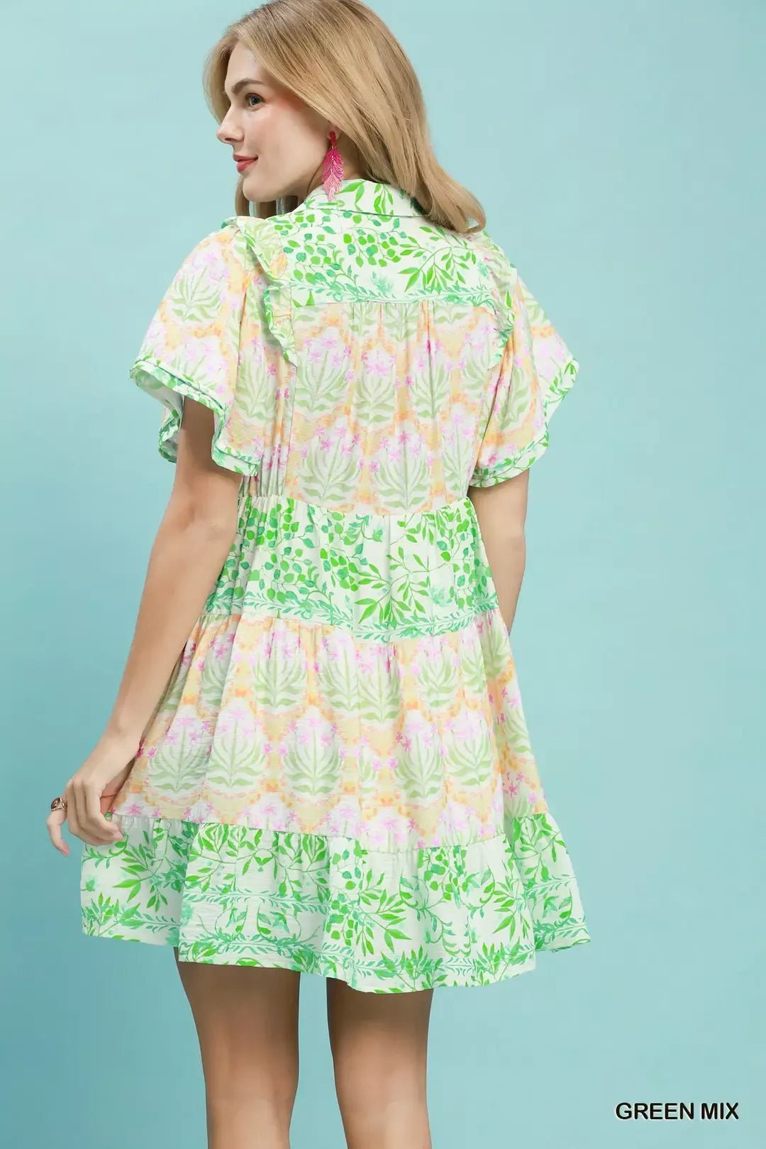Umgee Mixed Floral Tiered Mini Dress with Flutter Sleeves - Bitsy Gypsy Boutique